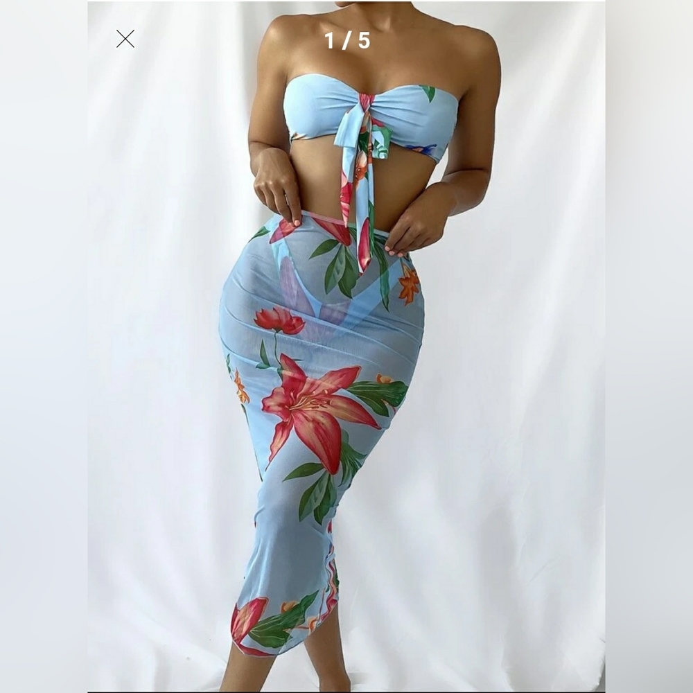 3pack Floral Print Bandeau Bikini Swimsuit & Beach Skirt